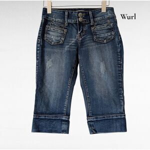 Wurl Capri Jeans Denim Stretch Cuffed Hem Double Button Distressed